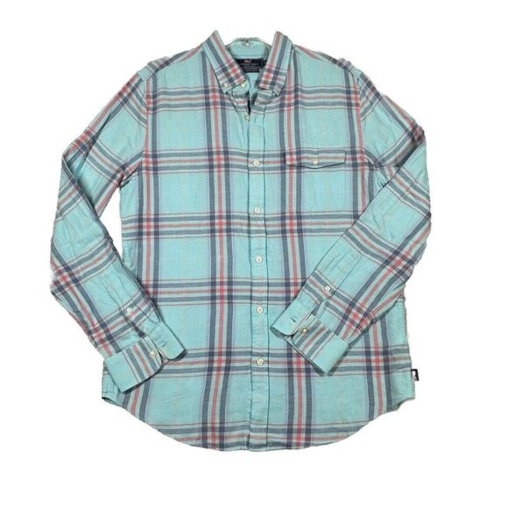 Vineyard Vines Shirt Mens Medium Slim Fit Crosby Flannel Plaid linen blend blue